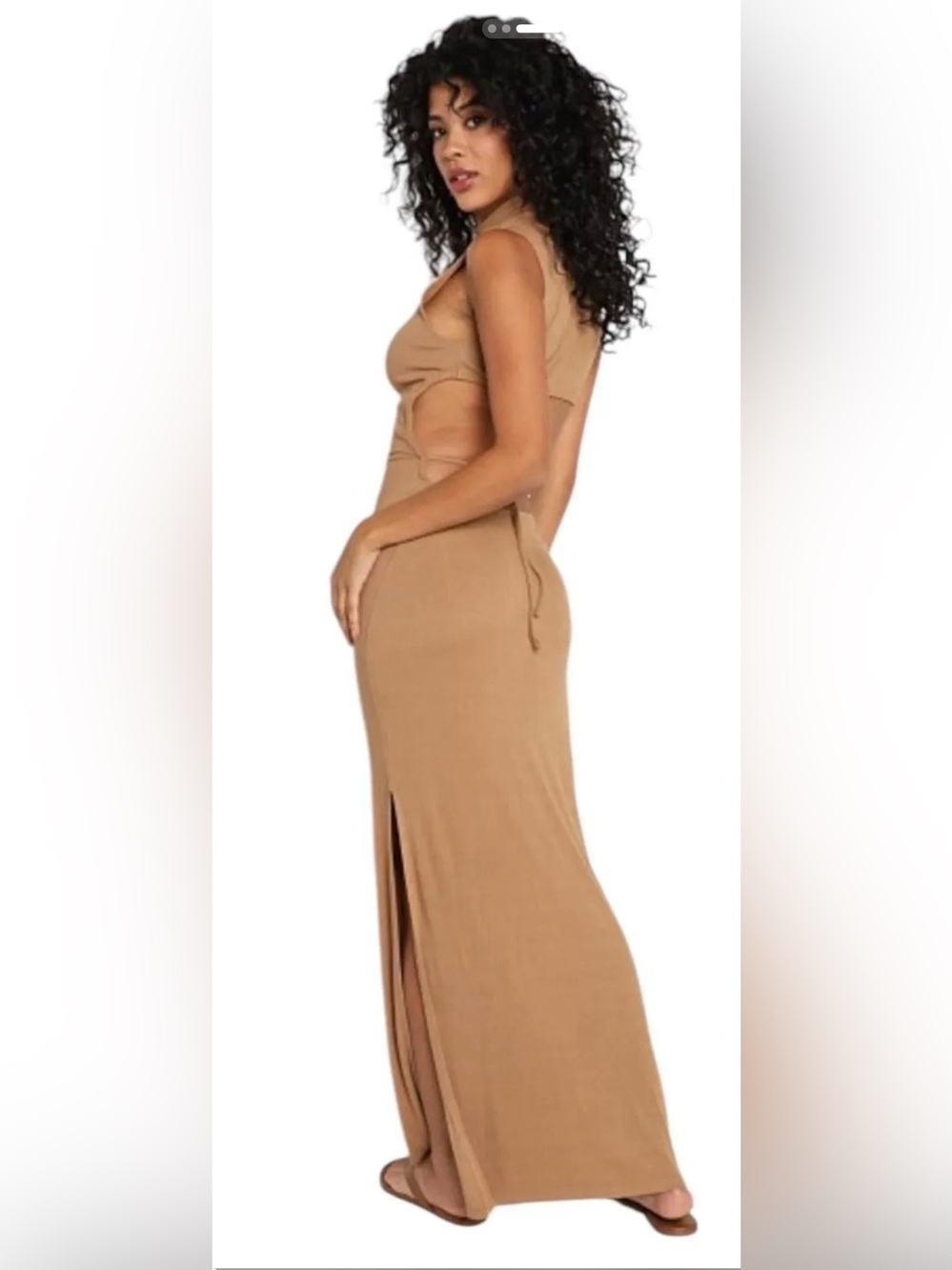 L*SPACE Chandler Ribbed Open-Back Mock Neck Maxi Dress Camel Tan Size M NWOT